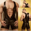 Men Lingerie Bodysuit Black Sexy Wetlook Faux Leather Zipper Open Bust Stretch Tight