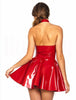 XX48 Sexy PVC Faux Leather Wetlook Dress Red Shiny Halter Sleeveless Bondage Pleated Dress Clubwear Costume S-XXL
