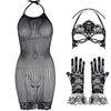 3 IN 1 Set Exotic Bodysuits +Mesh Jacquard Gloves+Lace Mask Ball Masquerade Women Underwear Fishnet Bodystockings Teddies Mujer