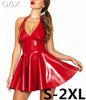 XX48 Sexy PVC Faux Leather Wetlook Dress Red Shiny Halter Sleeveless Bondage Pleated Dress Clubwear Costume S-XXL