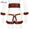 Thierry SM gear leather bondage set includes belt, handcuffs, legcuffs, center connection, adult products for women men slave dom sub