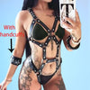 Kinky Women's Full Body Leather Harness Set with Matching Handcuffs in Black - 2 Styles