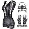 3 IN 1 Set Exotic Bodysuits +Mesh Jacquard Gloves+Lace Mask Ball Masquerade Women Underwear Fishnet Bodystockings Teddies Mujer