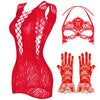 3 IN 1 Set Exotic Bodysuits +Mesh Jacquard Gloves+Lace Mask Ball Masquerade Women Underwear Fishnet Bodystockings Teddies Mujer